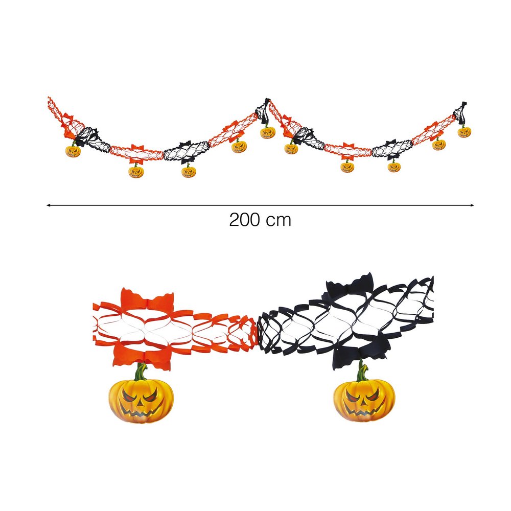 Narancs-Fekete Halloween Tökös Papír Füzér, 200 cm