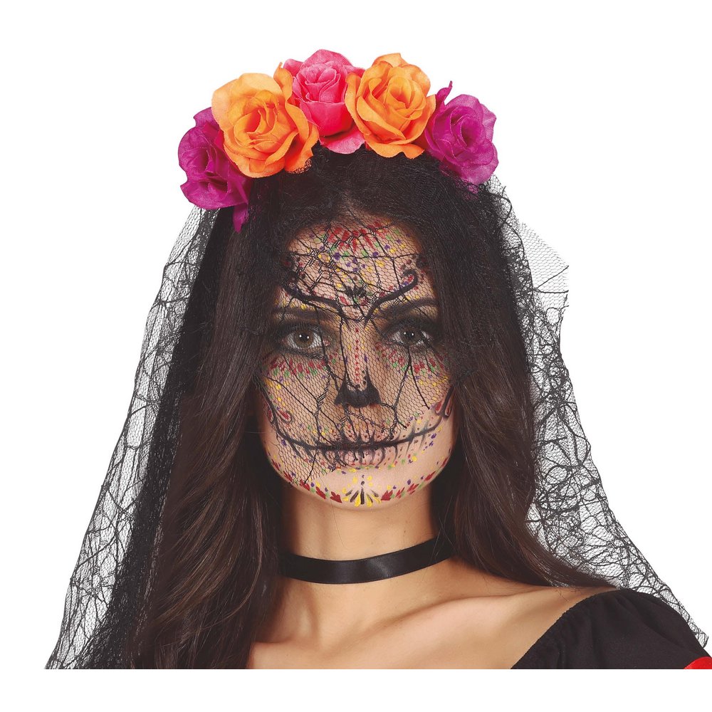 Narancssárga Catrina Virágos Fejdísz Fátyollal Nőknek Mexikói Halottak Napjára
