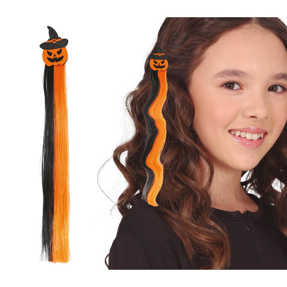 Narancssárga és Fekete Boszorkány Hajtincs Lányoknak Halloweenre, 40 cm
