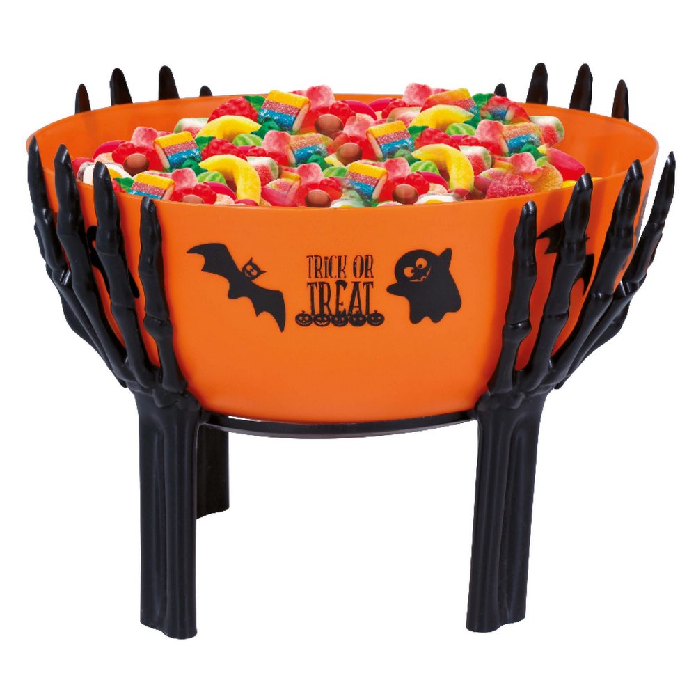 Narancssárga Tál Csontváz Kéz Tartóval Halloweenre, 26x18 cm