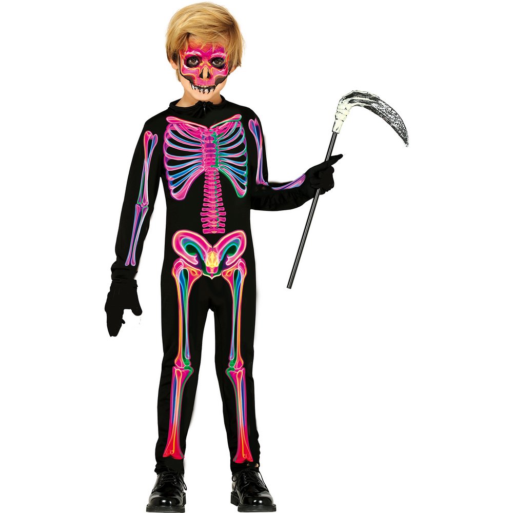 Neon Csontváz Gyerek Jelmez Halloweenre, 7 - 9 Év, Többszínű, Fekete