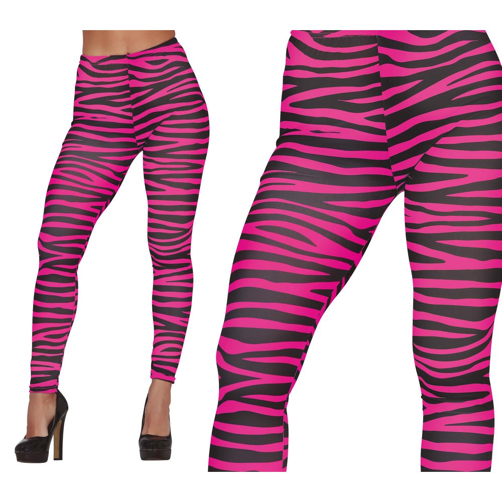 Neon Pink-Fekete Zebra Mintás Női Leggings a 70-es, 80-as Évekhez