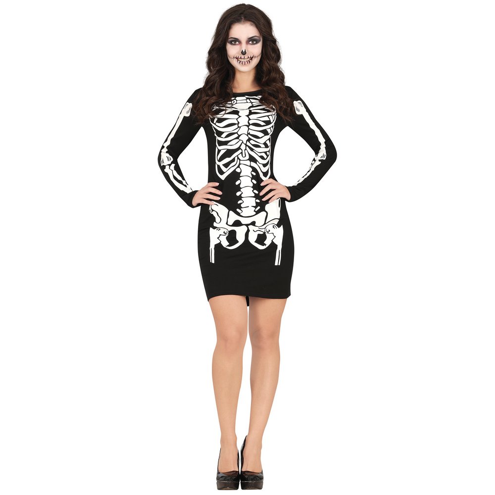 Női Csontváz Jelmez Ruha Halloweenre, S (36-38), Fekete, Fehér