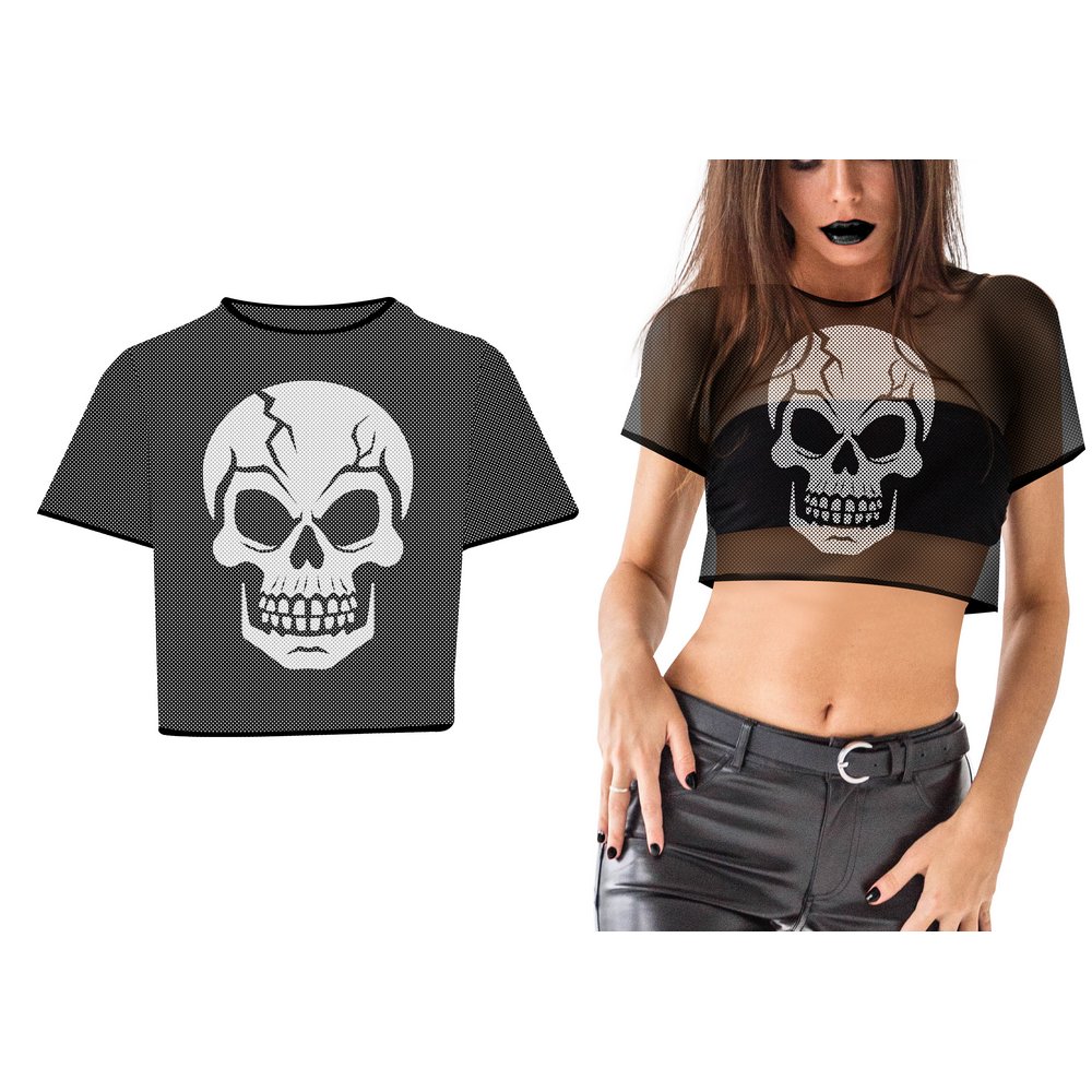 Női Koponya Mintás Áttetsző Crop Top Póló Halloweenre