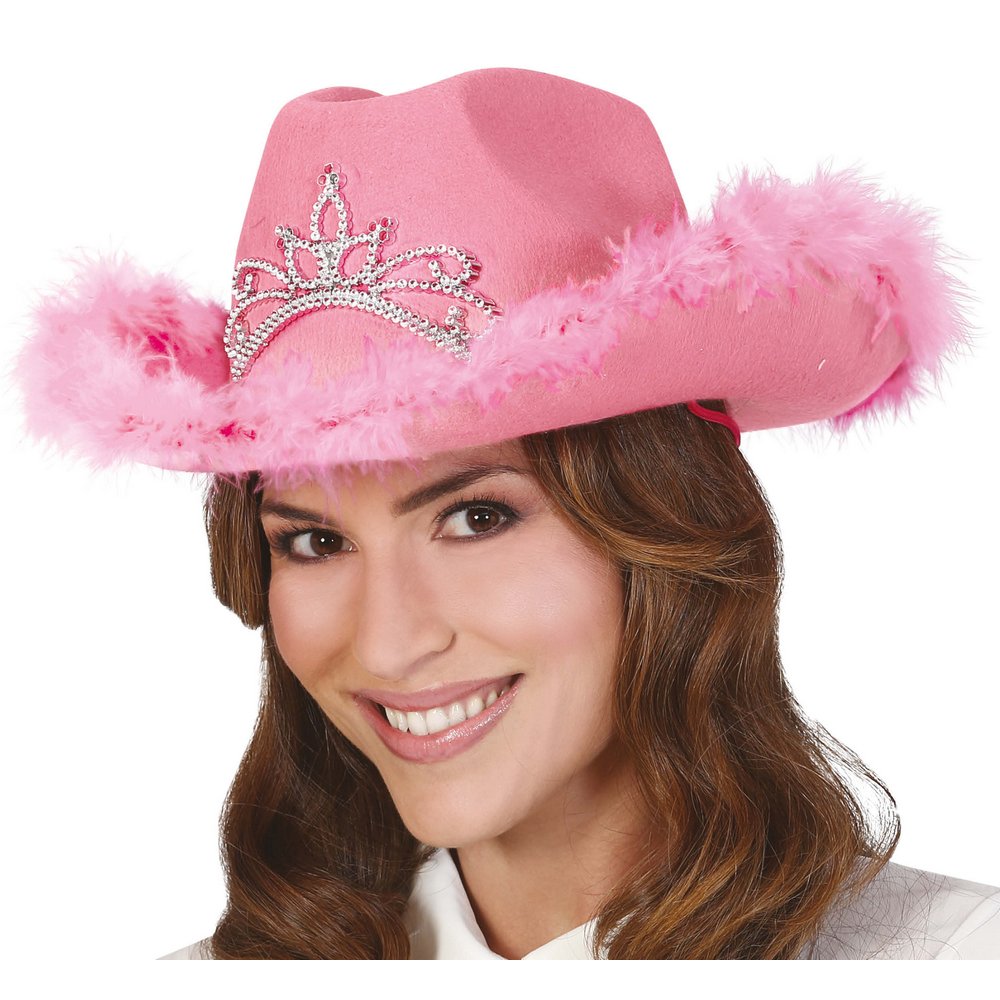 Női Rózsaszín Cowboy Kalap Boa Tollal és Koronával Lánybúcsúra
