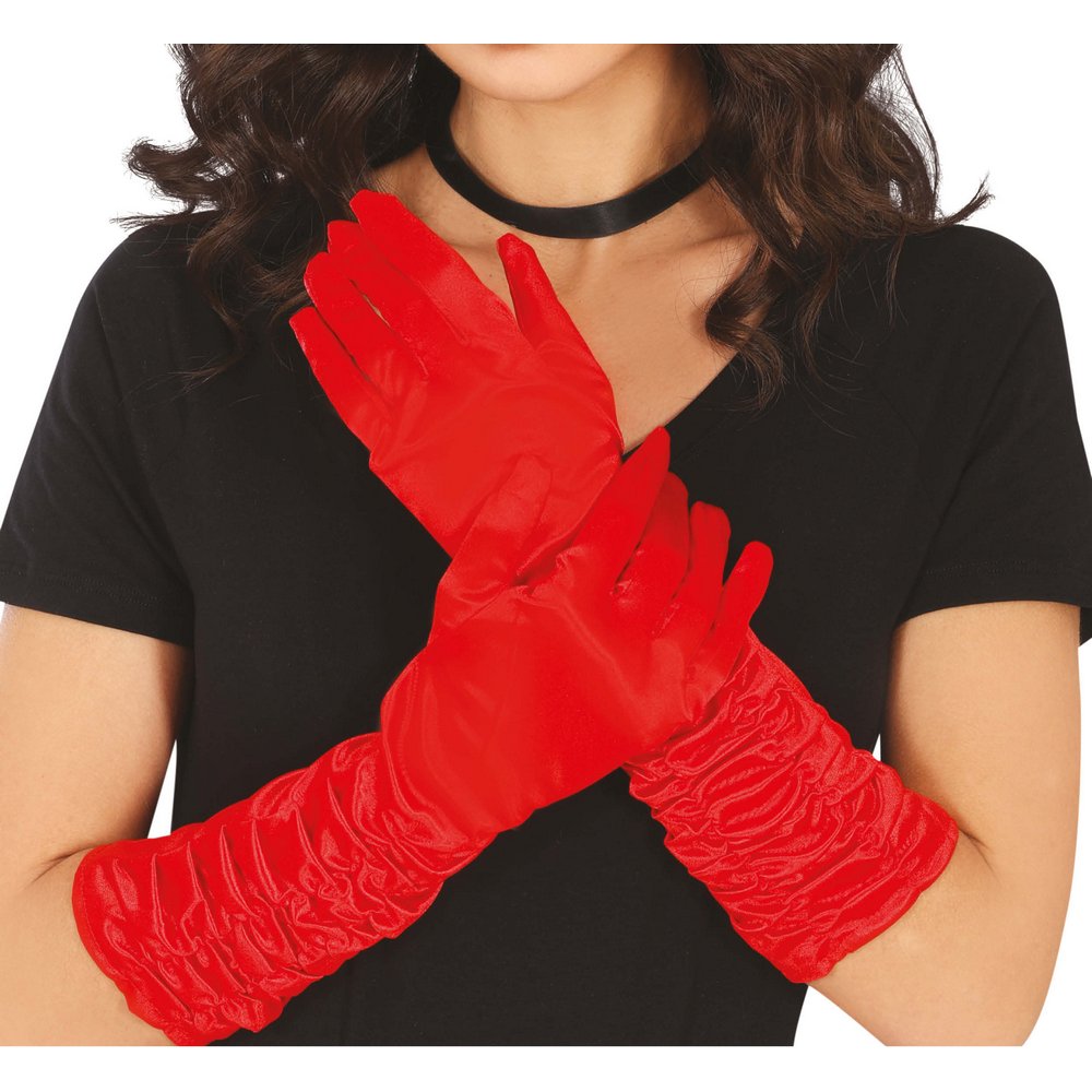 Piros Elegáns Ráncolt Szatén Kesztyű Nőknek,  40 cm