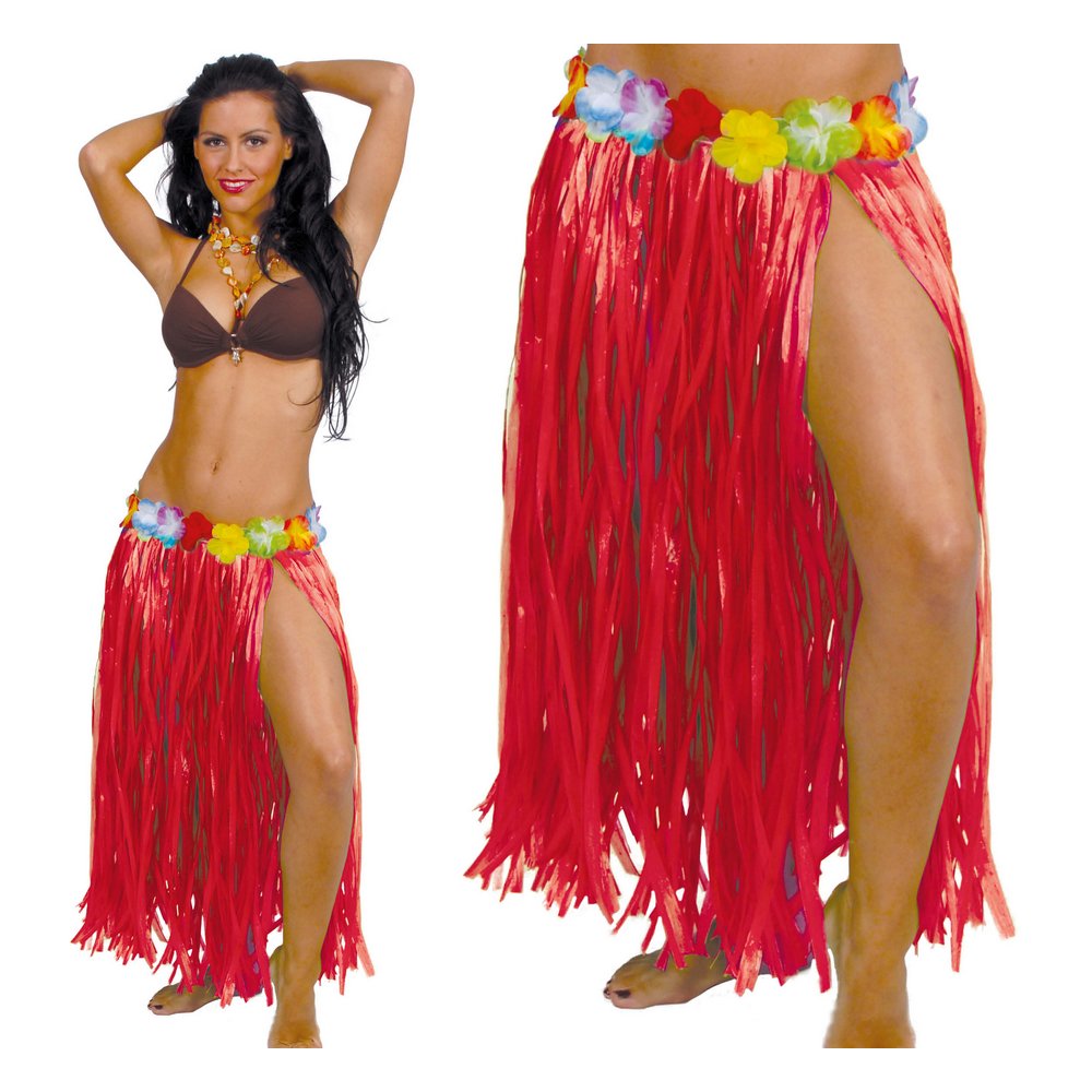 Piros Hawaii Női Szoknya Virágokkal,  75 cm