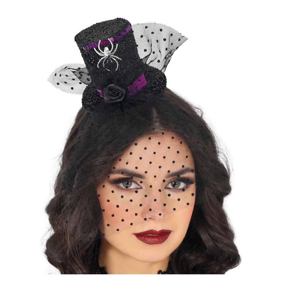 Pókdíszes Mini Cilinder Fátyollal Nőknek Halloweenre