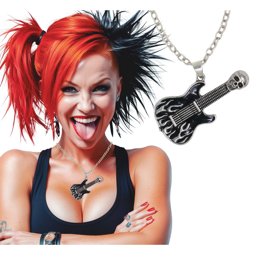 Rock Gitár Nyaklánc Koponyával és Lángokkal