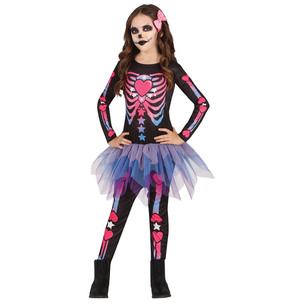 Rózsaszín Csontváz Lány Jelmez Halloweenre, 5 - 6 Év, Fekete, Többszínű