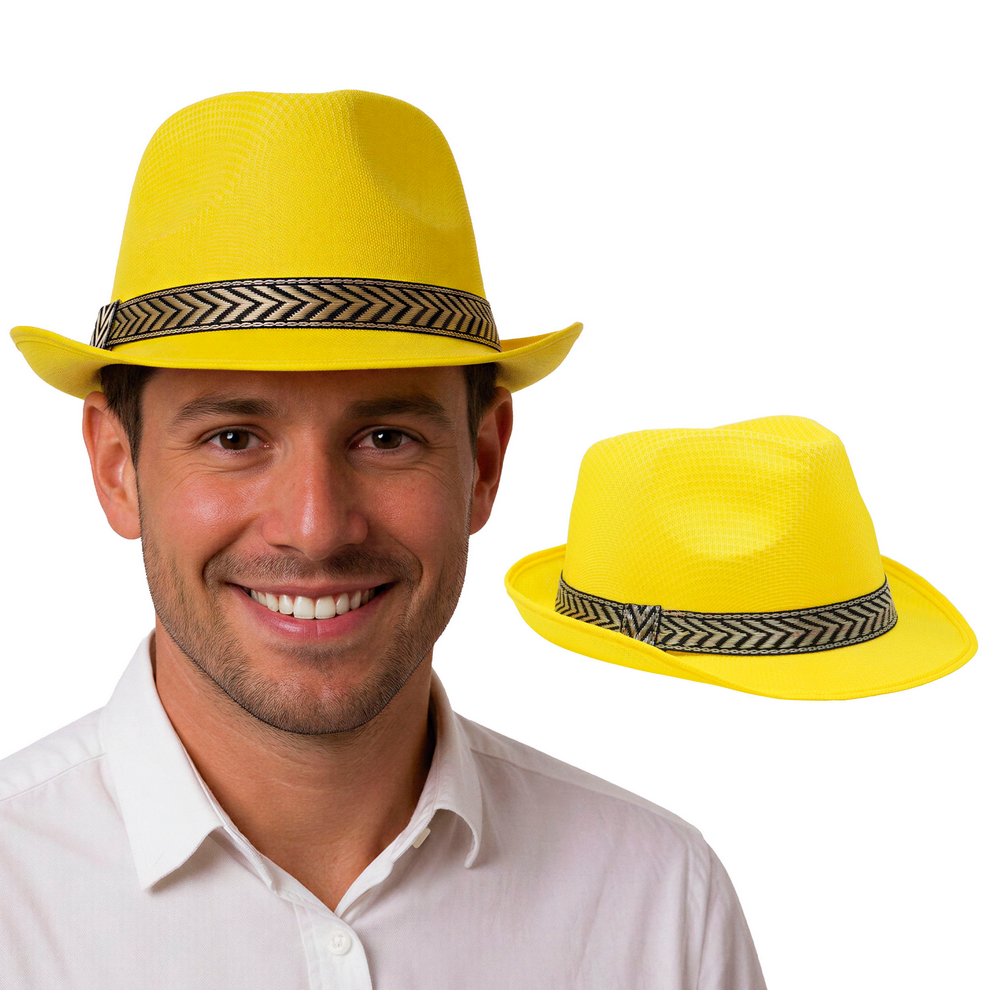 Sárga Gangszter Kalap Ezüst Mintás Szalaggal Felnőtteknek 20-as Évek Partijára