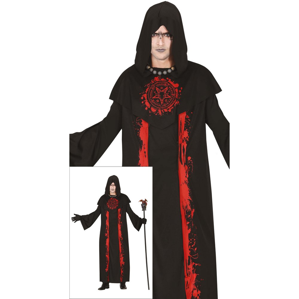 Sátáni Rituálé Mester Férfi Jelmez Halloweenre, L (52-54), Fekete, Piros