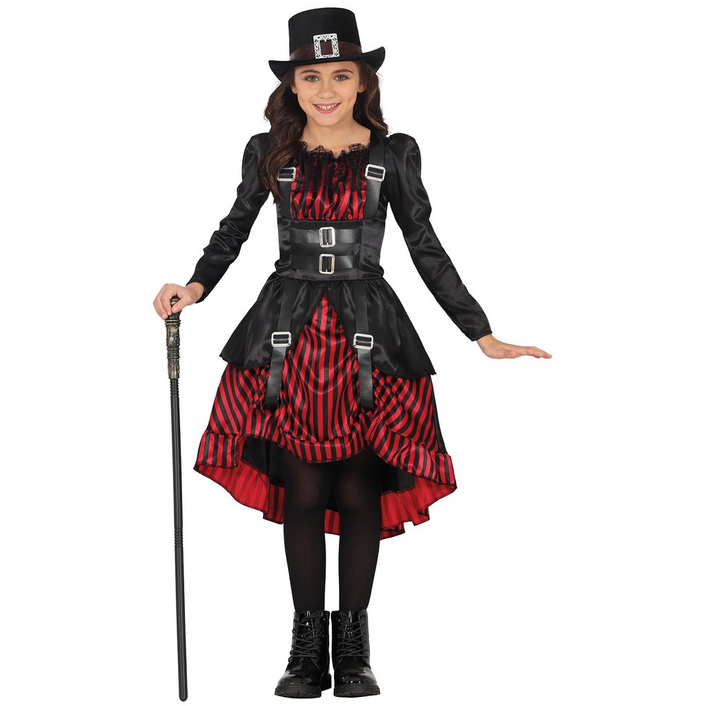 Steampunk Gótikus Lány Jelmez Halloweenre, 7 - 9 Év, Fekete, Piros
