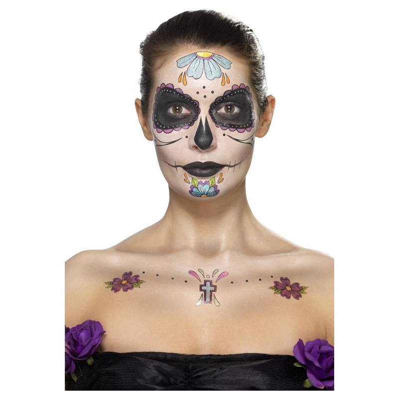 Színes Mexikói Halottak Napja Tetováló Szett Arcfestékkel, Matricákkal, Zsírkrétával és Felrakó Eszközökkel