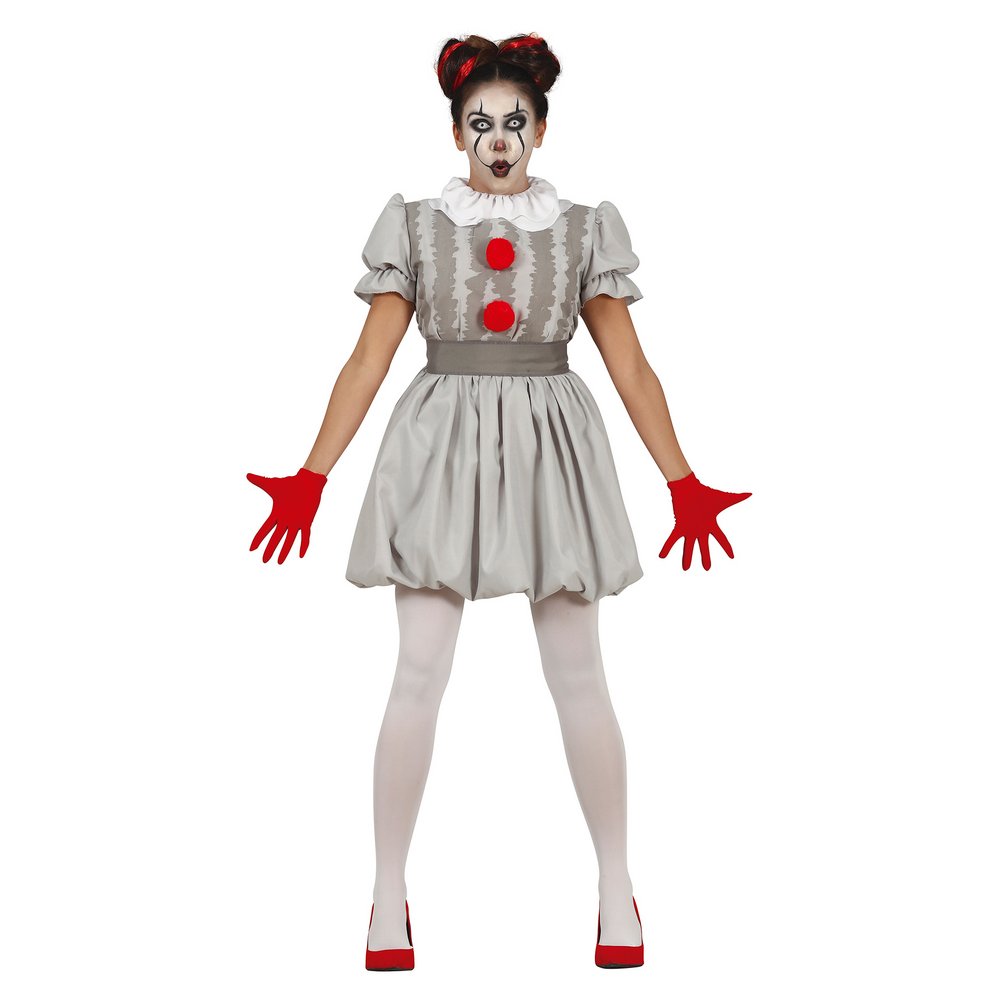 Szürke Ijesztő Bohóc Női Jelmez Halloweenre, S (36-38), Fehér, Piros