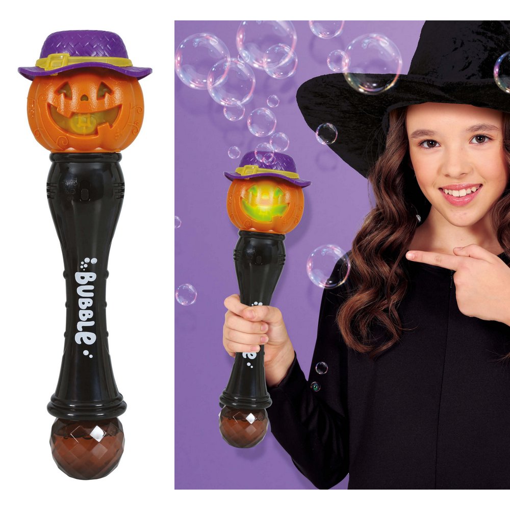 Tökfej Buborékfújó Varázspálca Fénnyel és Hanggal Halloweenre, 32 cm