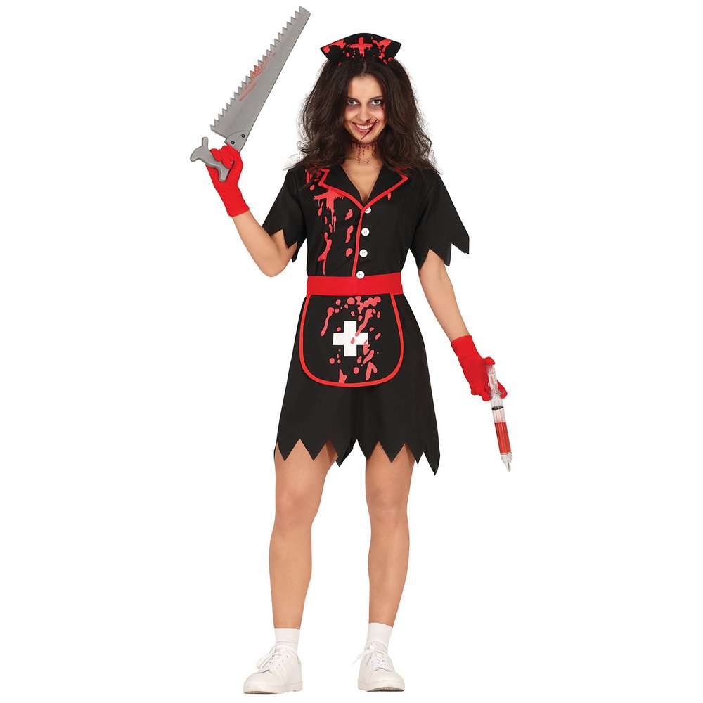 Véres Fekete Nővér Női Jelmez Halloweenre, M (38-40), Fekete, Piros