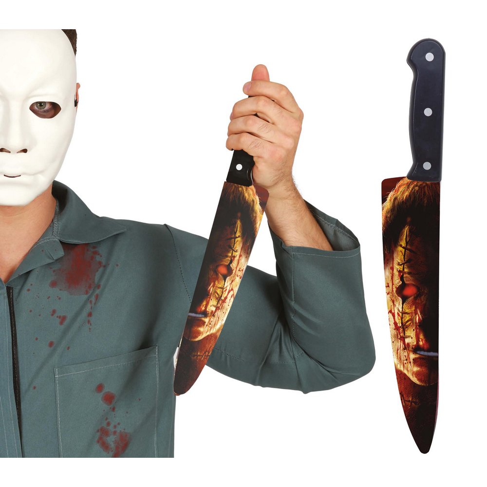 Véres Kés Halloweenre, Ijesztő Arc Mintával, 35 cm
