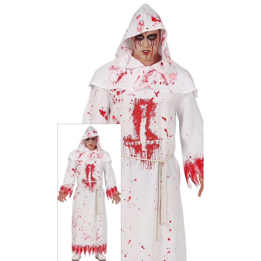 Véres Szerzetes Férfi Jelmez Halloweenre, L (52-54), Fehér, Piros