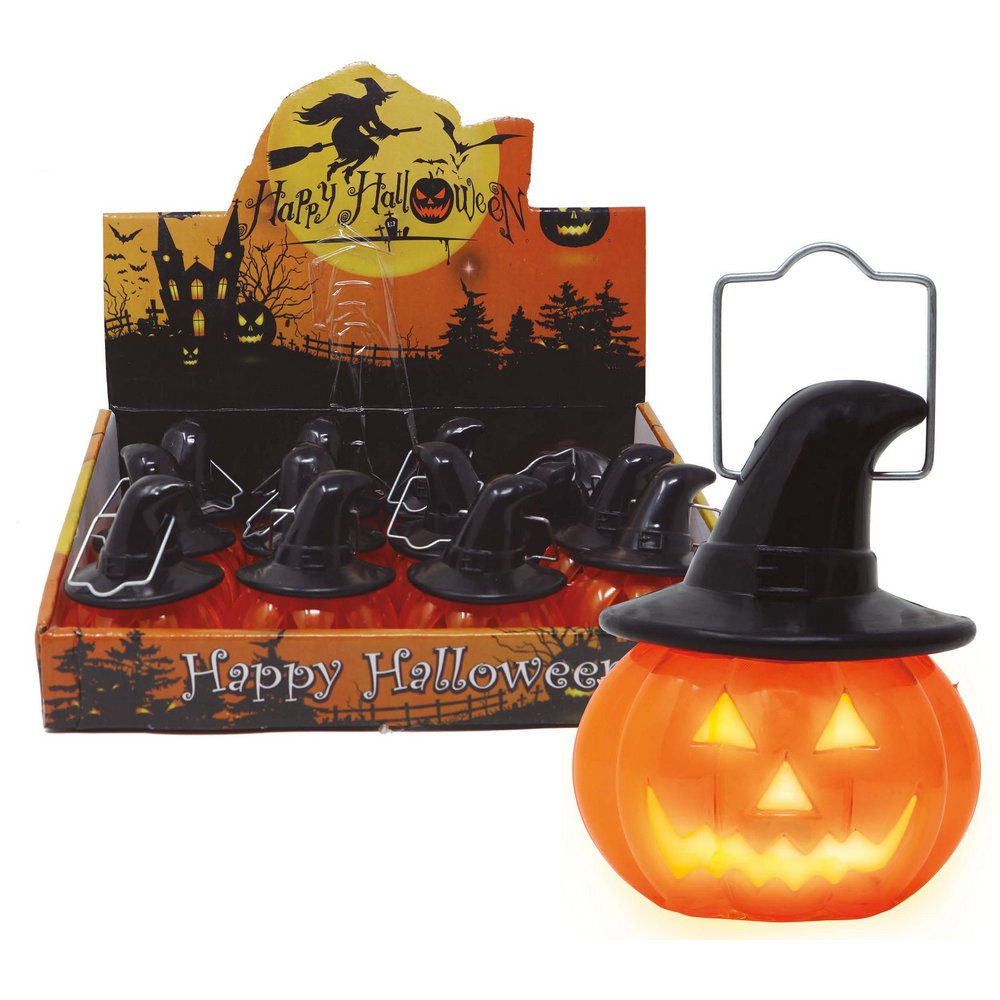Világító Halloween Tök Boszorkány Kalappal, 8x7 cm