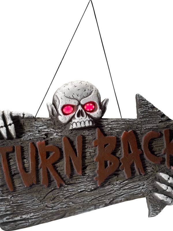 Világító Turn Back ? Fordulj Vissza! Feliratú Koponyás Tábla Halloweenre ? 74 cm x 44 cm