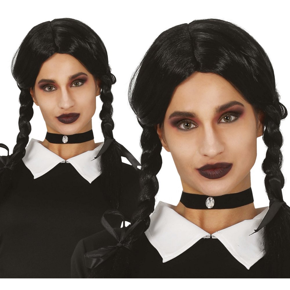Wednesday Addams Fekete Fonott Paróka Lányoknak Halloweenre