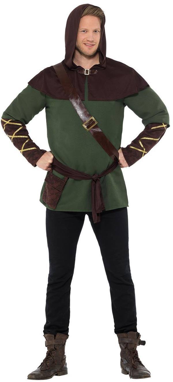 Zöld-Barna Robin Hood Jelmez Férfiaknak Tunikával, Vállszalaggal, Derékövvel és Kis Kapucnis Pelerinnel - XL