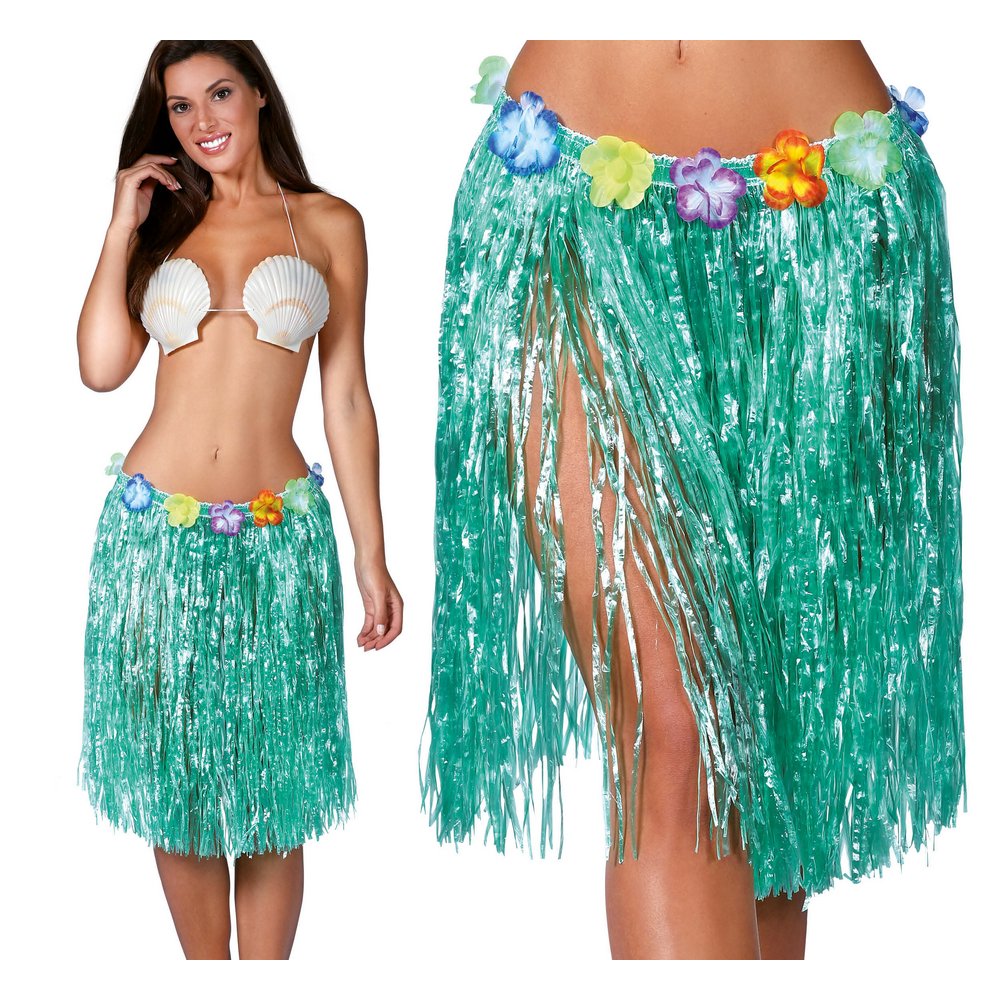 Zöld Hawaii Szoknya Virágokkal Nőknek,  55 cm