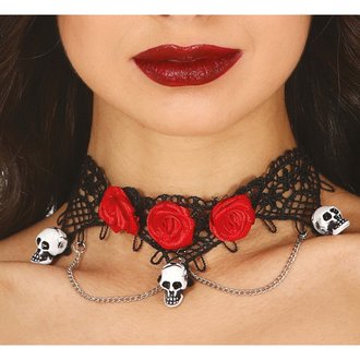 Női Csipke Choker Piros Rózsákkal és Koponyákkal Halloweenre