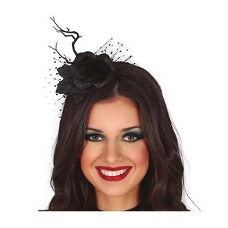 Női Fekete Virágos Fejpánt Ágakkal és Fátyollal Halloweenre