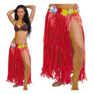 Piros Hawaii Női Szoknya Virágokkal,  75 cm