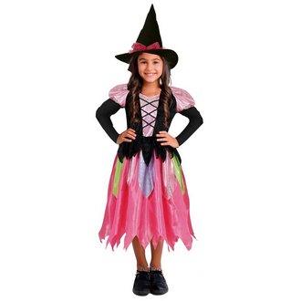 Rózsaszín és Fekete Csillogó Boszorkány Jelmez Lányoknak Halloweenre