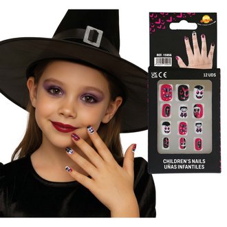 Rózsaszín Halloween Boszorkányos Műköröm Szett Ragasztóval Gyerekeknek,  12 db