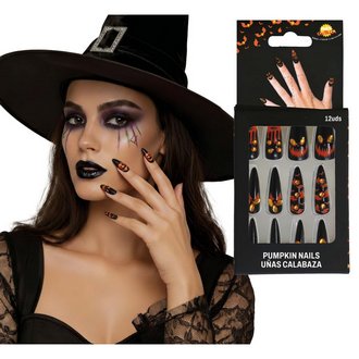 Tökös Műköröm Szett Ragasztóval és Ékkövekkel Halloweenre, 12 db