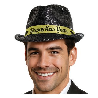 Unisex Fekete Flitteres Szilveszteri Kalap Happy New Year Felirattal