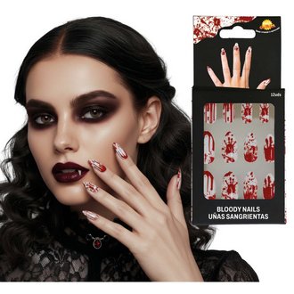 Vérfoltos Műköröm Szett Ragasztóval Nőknek Halloweenre, 12 db