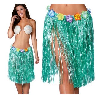 Zöld Hawaii Szoknya Virágokkal Nőknek,  55 cm